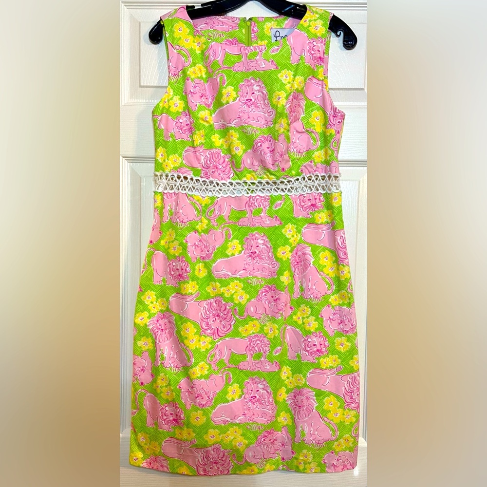 Vtg 90's RARE Lilly Pulitzer Yellow Floral Pink Lions Cubs Animal Green Dress 10